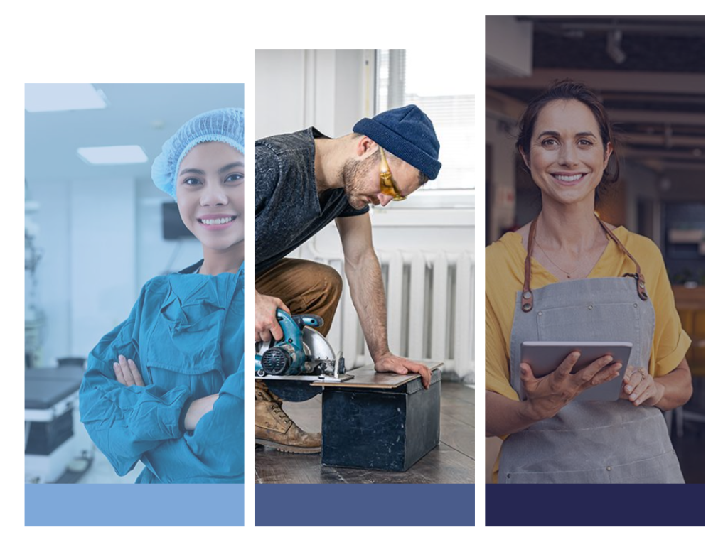 drei Balken mit jeweils einem Foto. 1. Bild von einer Frau mit Arbeitskleidung und Haube, 2. Bild ein Handwerker sägt ein Brett. 3. Bild eine Frau mit Latzhose sieht in die Kamera